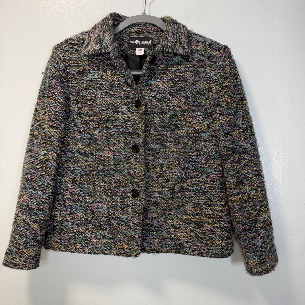 Sag Harbor Petite Vintage Multi Color Boucle Tweed Blazer Jacket 6P F02128C